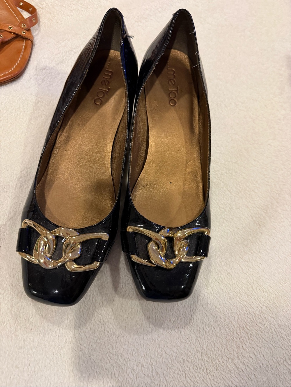 me too Black Patent shoes  with Gold Chain Accent